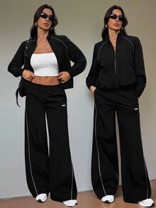 SHEIN Tall 女款拼色拉鍊長袖上衣與長褲休閒日常兩件套 - 黑色 - 查看 3