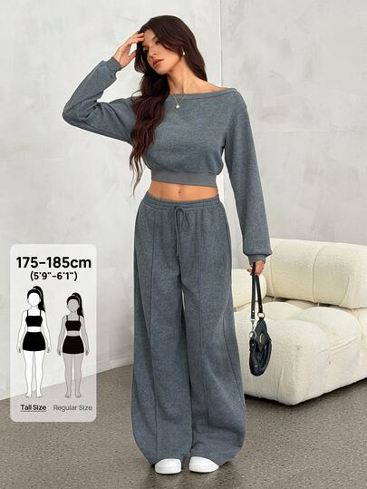 SHEIN Tall Autumn/Winter New Music Festival Holiday Western Nomadic Style Birthday Party Graduation Season Student Wear Daily Street Basic Versatile Casual Letter Print Zipper Collar Asymmetric Shoulder + Straight Leg Sweatpants Grey Faux Snow Wash Women's 2-Piece Set-A