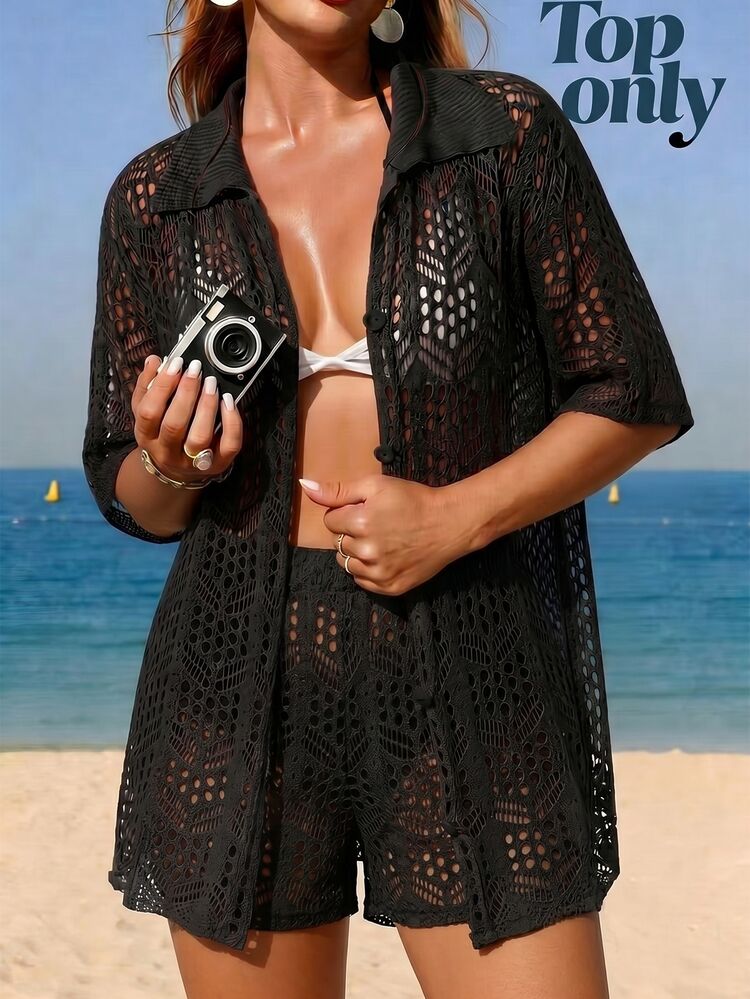 Swim Vcay Kimono con abertura con botón delantero - Negro - Añade 3