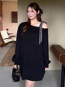 Bijouette Plus Size Asymmetrical Shoulder Bow Knit Sweater Dress, Loose Lazy Long Dress - Black - View 4