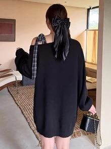 Bijouette Plus Size Asymmetrical Shoulder Bow Knit Sweater Dress, Loose Lazy Long Dress - Black - View 3