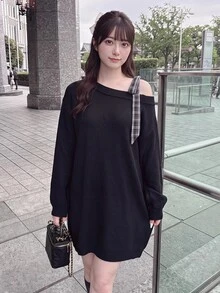 Bijouette Plus Size Asymmetrical Shoulder Bow Knit Sweater Dress, Loose Lazy Long Dress - Black - View 11