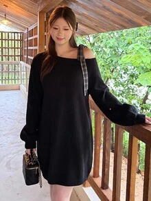 Bijouette Plus Size Asymmetrical Shoulder Bow Knit Sweater Dress, Loose Lazy Long Dress - Black - View 7