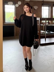 Bijouette Plus Size Asymmetrical Shoulder Bow Knit Sweater Dress, Loose Lazy Long Dress - Black - View 10