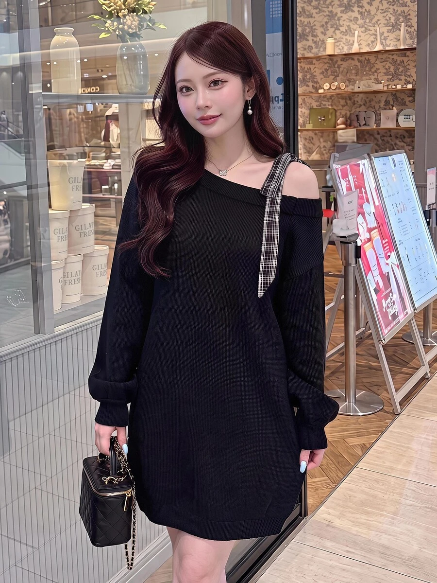 Bijouette Plus Size Asymmetrical Shoulder Bow Knit Sweater Dress, Loose Lazy Long Dress Winter - Black - View 1