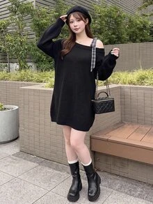 Bijouette Plus Size Asymmetrical Shoulder Bow Knit Sweater Dress, Loose Lazy Long Dress - Black - View 12
