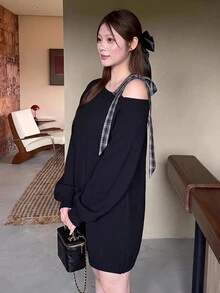 Bijouette Plus Size Asymmetrical Shoulder Bow Knit Sweater Dress, Loose Lazy Long Dress - Black - View 6
