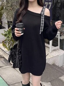 Bijouette Plus Size Asymmetrical Shoulder Bow Knit Sweater Dress, Loose Lazy Long Dress - Black - View 1