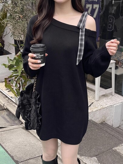 Bijouette Plus Size Asymmetrical Shoulder Bow Knit Sweater Dress, Loose Lazy Long Dress