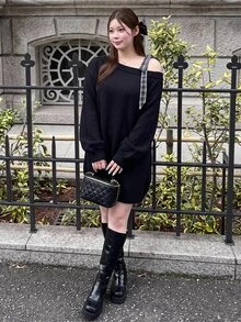 Bijouette Plus Size Asymmetrical Shoulder Bow Knit Sweater Dress, Loose Lazy Long Dress - Black - View 16