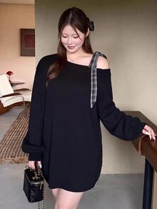 Bijouette Plus Size Asymmetrical Shoulder Bow Knit Sweater Dress, Loose Lazy Long Dress - Black - View 8