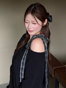 Bijouette Plus Size Asymmetrical Shoulder Bow Knit Sweater Dress, Loose Lazy Long Dress - Black - View 9