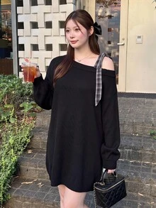 Bijouette Plus Size Asymmetrical Shoulder Bow Knit Sweater Dress, Loose Lazy Long Dress - Black - View 17