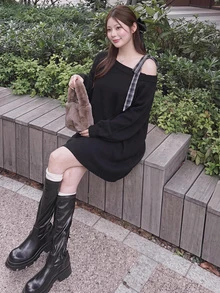Bijouette Plus Size Asymmetrical Shoulder Bow Knit Sweater Dress, Loose Lazy Long Dress - Black - View 13