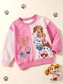 SHEIN | PAW Patrol 女童圓領粉色撞色長袖可愛狗狗印花休閒套頭運動衫，春秋款 - 粉色 - 查看 1