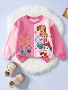 SHEIN | PAW Patrol 女童圓領粉色撞色長袖可愛狗狗印花休閒套頭運動衫，春秋款 - 粉色 - 查看 6