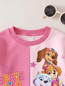 SHEIN | PAW Patrol 女童圓領粉色撞色長袖可愛狗狗印花休閒套頭運動衫，春秋款 - 粉色 - 查看 3