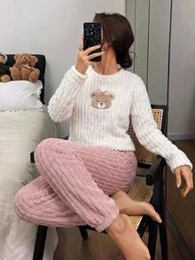 SHEIN 青少年女孩毛絨簡約可愛貼布繡羅紋長袖褲裝套裝 秋冬穿搭 - 淺粉色 - 查看 4