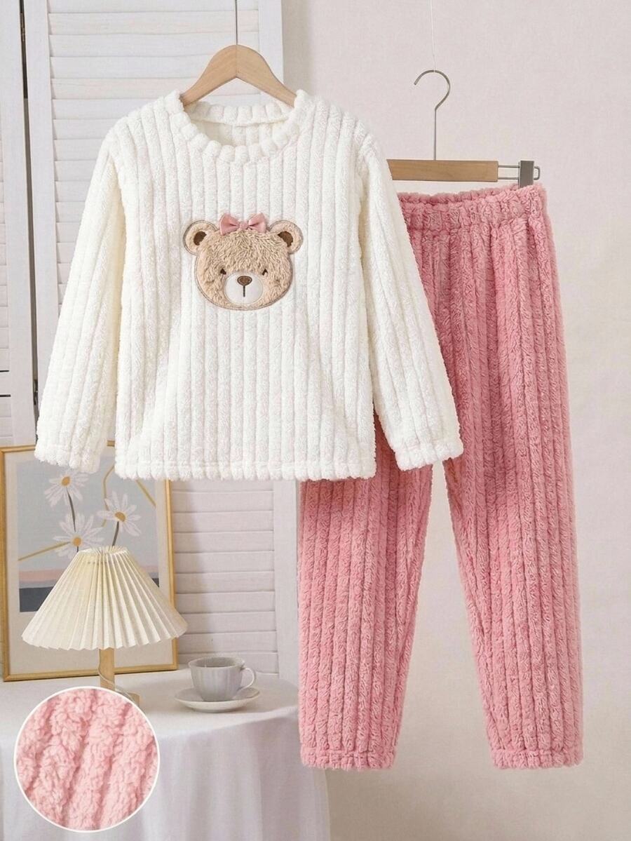 SHEIN Tween Girls Plush Simple Kids Cute Applique Embroidery Ribbed Long Sleeve Pants Set Fall/Winter Outfits - Baby Pink - View 1