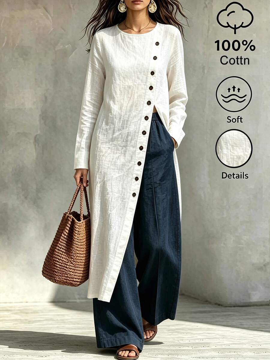 SHEIN Fall 2026 Long-Sleeve Button-Down Shirt, White Long-Sleeve Top, Casual Top, Out And About, Fall/Winter Outfits - White - View 1