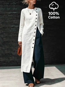 SHEIN Fall 2026 Long-Sleeve Button-Down Shirt, White Long-Sleeve Top, Casual Top, Out And About, Fall/Winter Outfits - White - View 3