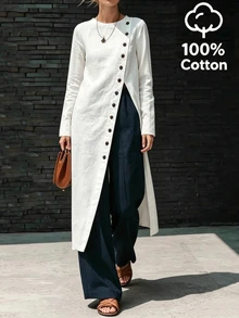 SHEIN Fall 2026 Long-Sleeve Button-Down Shirt, White Long-Sleeve Top, Casual Top, Out And About, Fall/Winter Outfits - White - View 5
