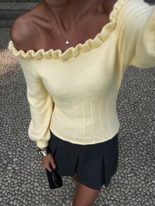 Yunfilé Elegant Romantic Frill Trim Off-Shoulder Long Sleeve Women's Sweater Tea Party Everyday Pale Yellow Autumn - Yellow - View 2