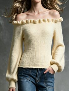 Yunfilé Elegant Romantic Frill Trim Off-Shoulder Long Sleeve Women's Sweater Tea Party Everyday Pale Yellow Autumn - Yellow - View 3