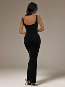 SHEIN Tall فستان نسائي بلون موحد متعدد الاستخدامات مثير بياقة مربعة وقصة ذيل السمكة - الأسود - مشاهدة 2