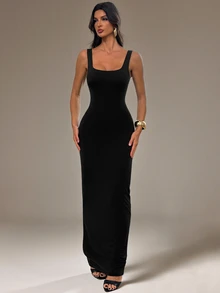 SHEIN Tall فستان نسائي بلون موحد متعدد الاستخدامات مثير بياقة مربعة وقصة ذيل السمكة - الأسود - مشاهدة 6