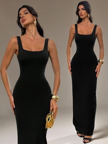 SHEIN Tall فستان نسائي بلون موحد متعدد الاستخدامات مثير بياقة مربعة وقصة ذيل السمكة - الأسود - مشاهدة 7