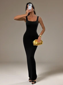 SHEIN Tall فستان نسائي بلون موحد متعدد الاستخدامات مثير بياقة مربعة وقصة ذيل السمكة - الأسود - مشاهدة 3