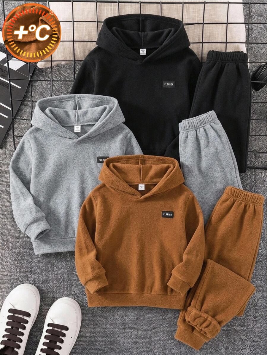 SHEIN 男童秋冬抓絨連帽衛衣 3件套,拼色組合 - 彩色 - 查看 1