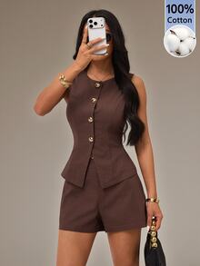 SHEIN PETITE Summer Elegant Commute Vest & Shorts Set - Brown - View 7