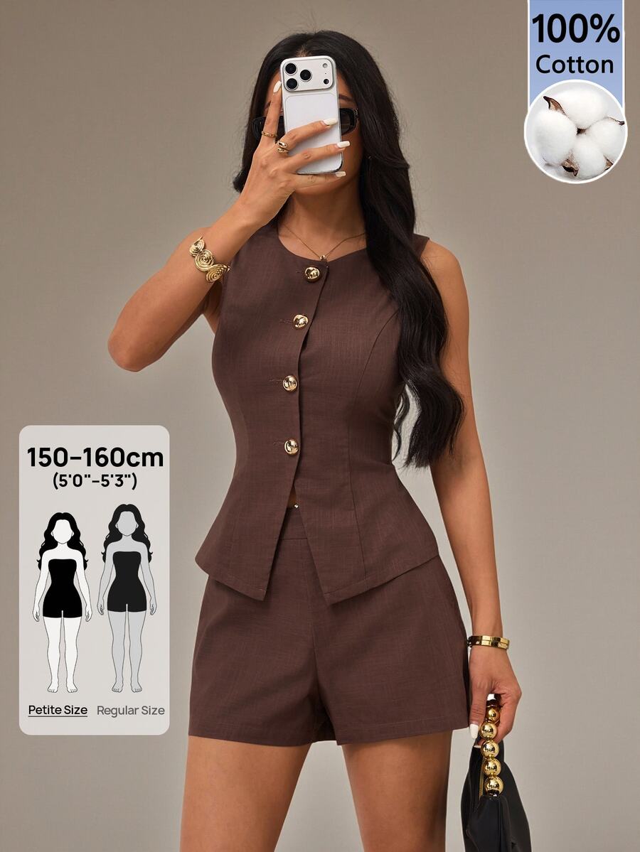 SHEIN PETITE Summer Elegant Commute Vest & Shorts Set - Brown - View 1