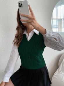 SHEIN PariChic 休闲纯色修身针织背心 - 墨綠色 - 查看 5