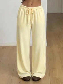 SHEIN PETITE بنطلون نسائي ناعم محبوك باللون الأصفر الكريمي للاسترخاء في الربيع/الصيف - Butter Yellow - مشاهدة 3