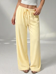 SHEIN PETITE بنطلون نسائي ناعم محبوك باللون الأصفر الكريمي للاسترخاء في الربيع/الصيف - Butter Yellow - مشاهدة 5