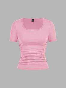 SHEIN EZwear 4件裝休閒極簡純色方領短袖女款T恤，夏季日常穿搭，黑色、棕色、淺粉色、白色 - 彩色 - 查看 5