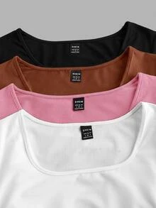 SHEIN EZwear 4件裝休閒極簡純色方領短袖女款T恤，夏季日常穿搭，黑色、棕色、淺粉色、白色 - 彩色 - 查看 10