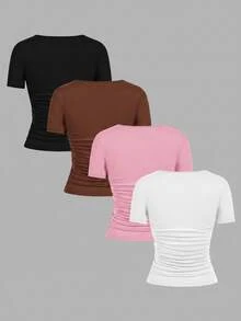 SHEIN EZwear 4件裝休閒極簡純色方領短袖女款T恤，夏季日常穿搭，黑色、棕色、淺粉色、白色 - 彩色 - 查看 2
