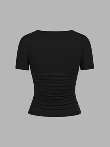 SHEIN EZwear 4件裝休閒極簡純色方領短袖女款T恤，夏季日常穿搭，黑色、棕色、淺粉色、白色 - 彩色 - 查看 3