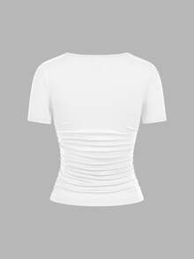 SHEIN EZwear 4件裝休閒極簡純色方領短袖女款T恤，夏季日常穿搭，黑色、棕色、淺粉色、白色 - 彩色 - 查看 7