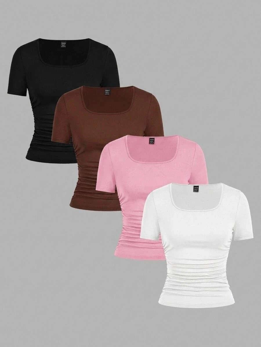 SHEIN EZwear 4件裝休閒極簡純色方領短袖女款T恤,夏季日常穿搭,黑色、棕色、淺粉色、白色 - 彩色 - 查看 1