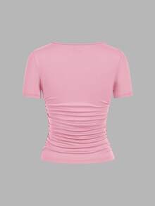 SHEIN EZwear 4件裝休閒極簡純色方領短袖女款T恤，夏季日常穿搭，黑色、棕色、淺粉色、白色 - 彩色 - 查看 8