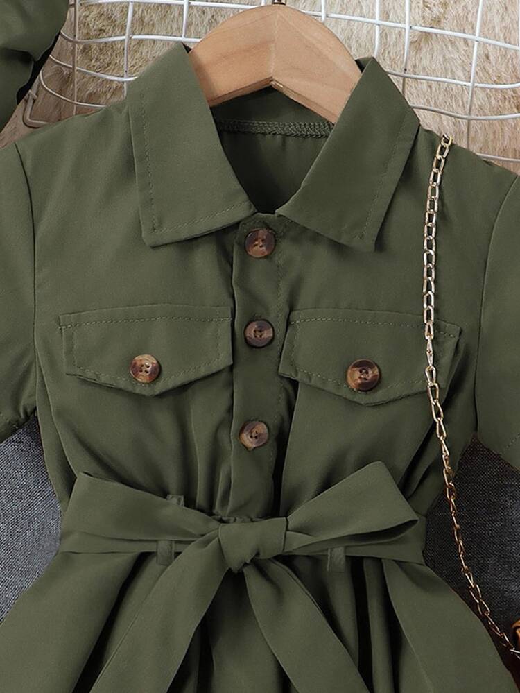 SHEIN Young Girl Flap Detail Belted Shirt Dress & Accessory Hat Without Bag - Army Green - View 6