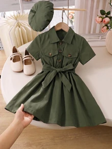 SHEIN 小女童翻蓋細節腰帶襯衫連衣裙和配件帽不附帶包 - 軍綠色 - 查看 1