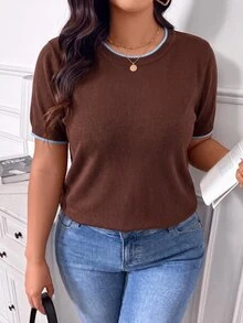 Lounesse Plus Size French Casual Minimalist Colorblock Trim Women's Knit Top, Spring New Arrival, Khaki - Coffee Brown - View 3