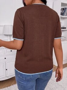 Lounesse Plus Size French Casual Minimalist Colorblock Trim Women's Knit Top, Spring New Arrival, Khaki - Coffee Brown - View 2