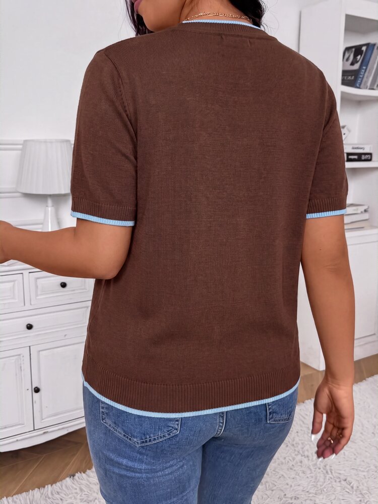 Lounesse Áo len dệt kim nữ size lớn phong cách Pháp tối giản casual phối viền colorblock, hàng mới xuân, màu kaki - Cà phê nâu - Xem 2